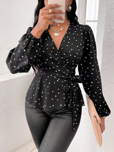Random Heart Print Surplice Neck Belted Blouse